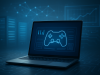 A laptop displaying a gaming interface with a game controller graphic on the screen.