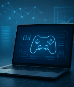 A laptop displaying a gaming interface with a game controller graphic on the screen.