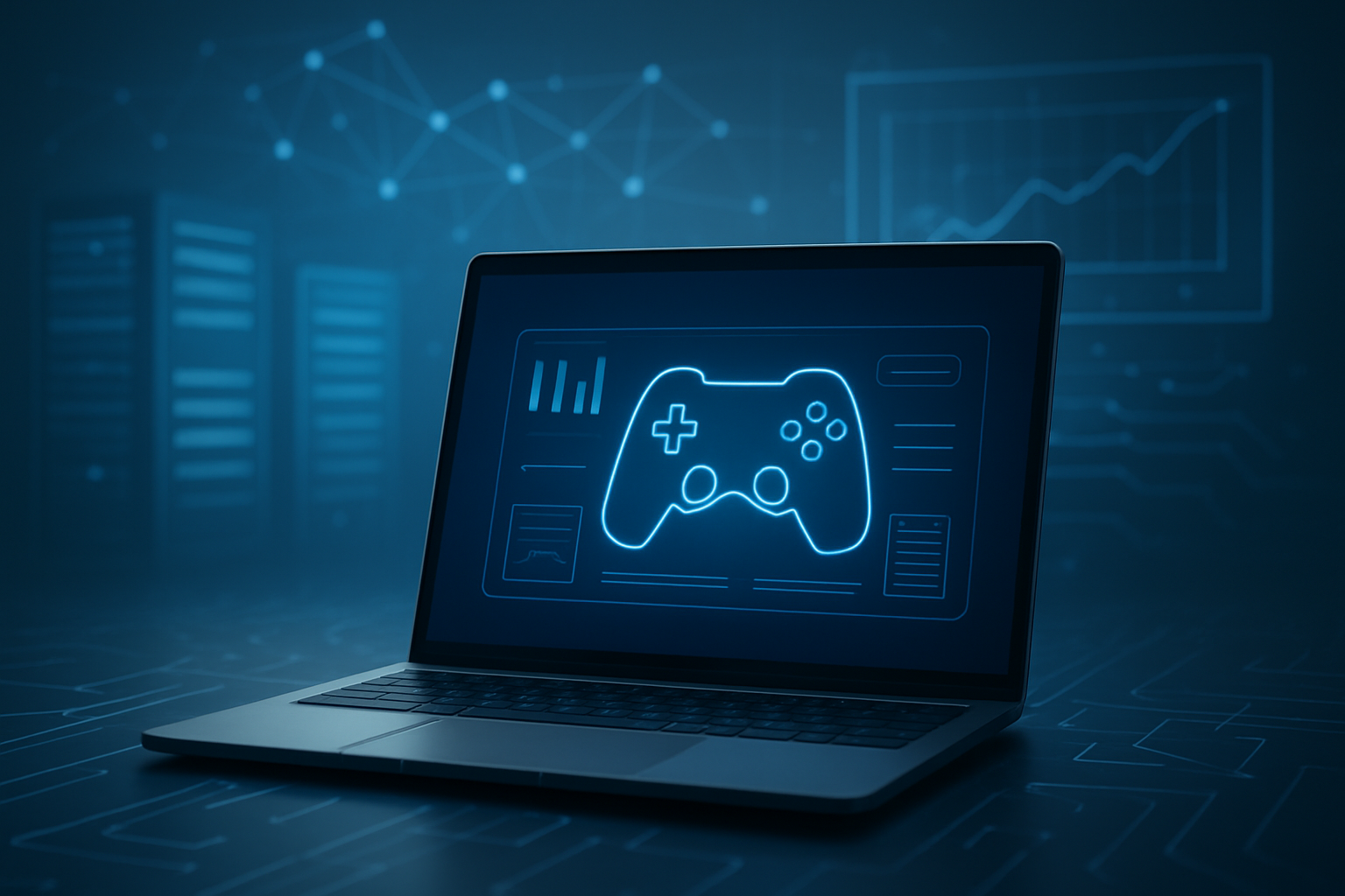 A laptop displaying a gaming interface with a game controller graphic on the screen.