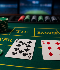 Close-up of a baccarat table showing cards and poker chips