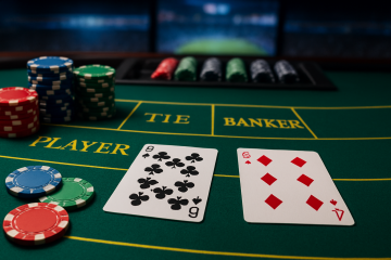 Close-up of a baccarat table showing cards and poker chips