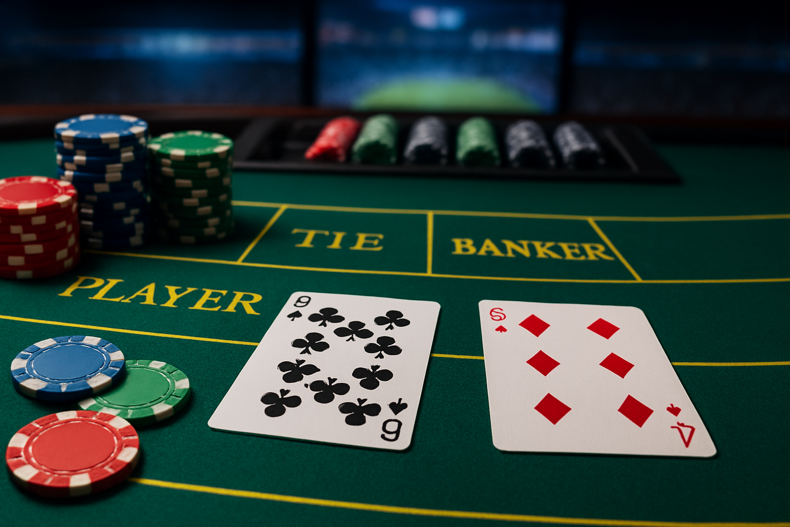 Close-up of a baccarat table showing cards and poker chips