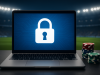 A laptop displaying a locked padlock symbol with poker chips beside it on a dark background.
