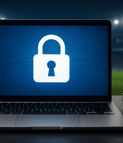 A laptop displaying a locked padlock symbol with poker chips beside it on a dark background.