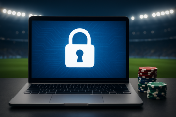 A laptop displaying a locked padlock symbol with poker chips beside it on a dark background.